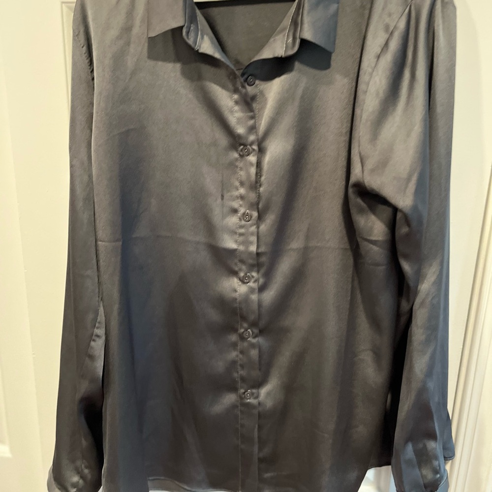 Sleek charcoal gray satin  Button-Up Shirt